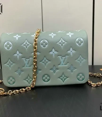 Louis Vuitton 1:1 Mirror Replica Lambskin Embossed Monogram Pochette Coussin Green 20CM/7.9IN Louis Vuitton Replica Coussin