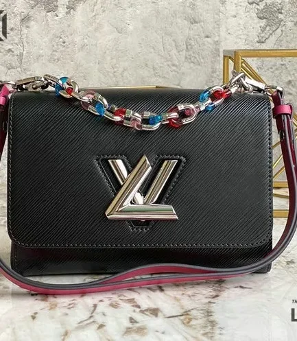 Louis Vuitton 1:1 Mirror Replica Epi Twist Shoulder Bag MM Black Pink 23CM/9.1IN Louis Vuitton Replica Twist