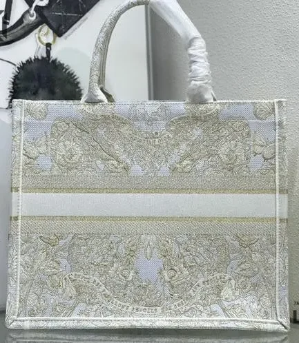Dior 1:1 Mirror Replica Embroidery Canvas Book Tote Cream/Gold Christian Dior Replica Book Totes