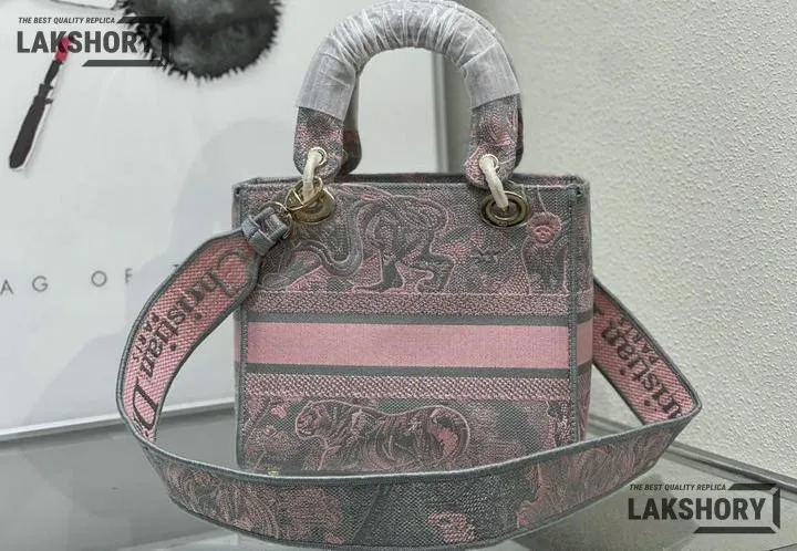 Dior 1:1 Mirror Replica Toile De Jouy Rivera Lady D-Lite Gray Pink 24CM/9.4IN Christian Dior Replica Lady Dior 1:1 Mirror Replica Toile De Jouy Rivera Lady D-Lite Gray Pink 24CM/9.4IN Christian Dior Replica Lady