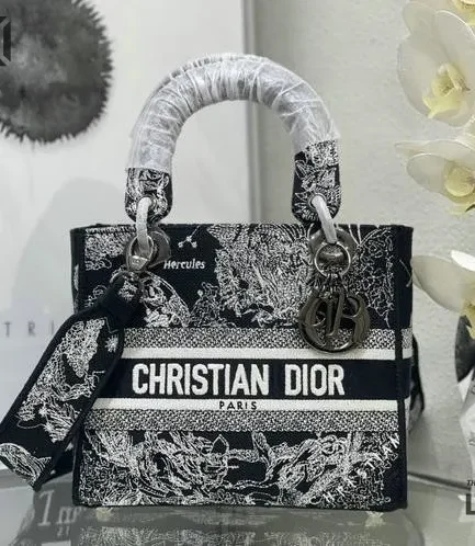 Dior 1:1 Mirror Replica Zodiac Toile De Jouy Lady D-Lite Black 24CM/9.4IN Christian Dior Replica Lady