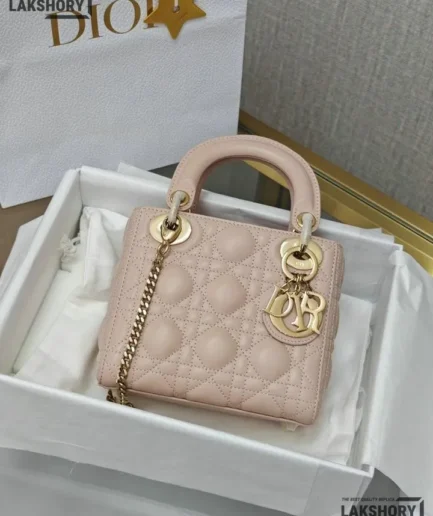 Dior 1:1 Mirror Replica Lambskin Powder Pink Mini Lady Dior 17CM/6.7IN Christian Dior Replica Lady