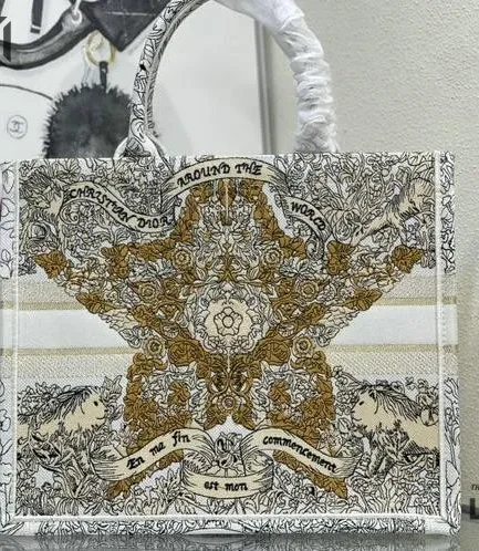 Dior 1:1 Mirror Replica Book Tote Around the World Motif Latte Gold-Tone Christian Dior Replica Book Totes