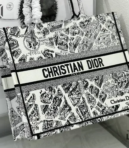 Dior 1:1 Mirror Replica Canvas Large Plan De Paris Book Tote White Black Christian Dior Replica Book Totes