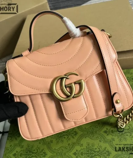 Gucci 1:1 Mirror Replica GG Small Top Handle Bag Chevron Pink 21CM/8.3IN Gucci Replica Marmont Bags