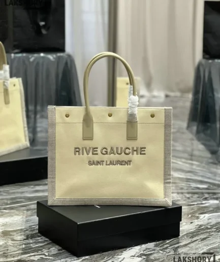 YSL 1:1 Mirror Replica Linen Small Rive Gauche Tote Beige 39CM/15.4IN Replica Tote Bags