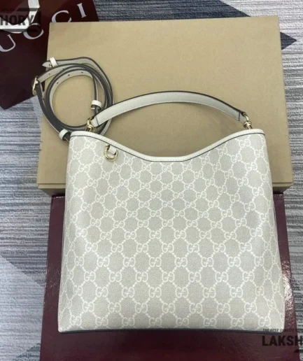 Gucci 1:1 Mirror Replica GG Emblem Medium Bucket Bag Beige 25CM/9.8IN Gucci Replica Ophidia Bags