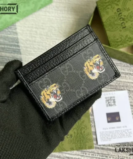 Gucci 1:1 Mirror Replica GG Tiger Card Holder Black 7CM/2.8IN Gucci Replica Wallets