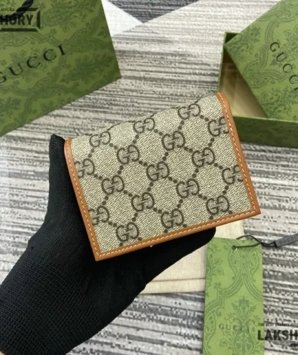 Gucci 1:1 Mirror Replica GG Supreme Emblem Mini Wallet Beige Brown 11CM/4.3IN Gucci Replica Wallets