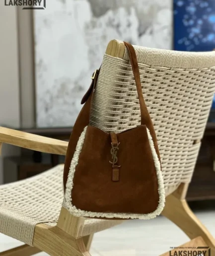 YSL 1:1 Mirror Replica Suede Shearling Le 5 A 7 Hobo Brown Beige 23CM/9.1IN Replica Hobo Bags
