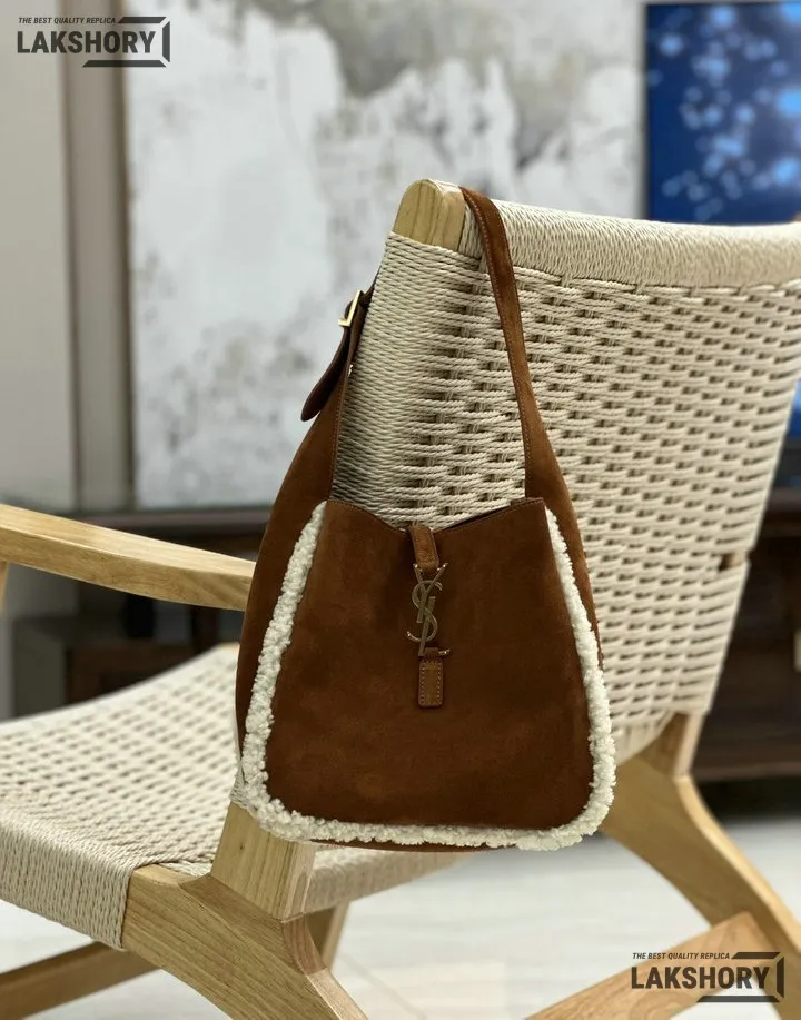 YSL 1:1 Mirror Replica Suede Shearling Le 5 A 7 Hobo Brown Beige 23CM/9.1IN Replica Hobo Bags YSL 1:1 Mirror Replica Suede Shearling Le 5 A 7 Hobo Brown Beige 23CM/9.1IN Replica Hobo Bags