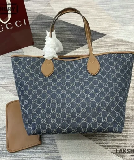 Gucci 1:1 Mirror Replica Totissima Denim Small Reversible Tote Dark Blue 30.5CM/12IN Gucci Replica Ophidia Bags