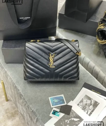 YSL 1:1 Mirror Replica Medium Loulou Chain Satchel Black 32CM/12.6IN Replica Crossbody Bags