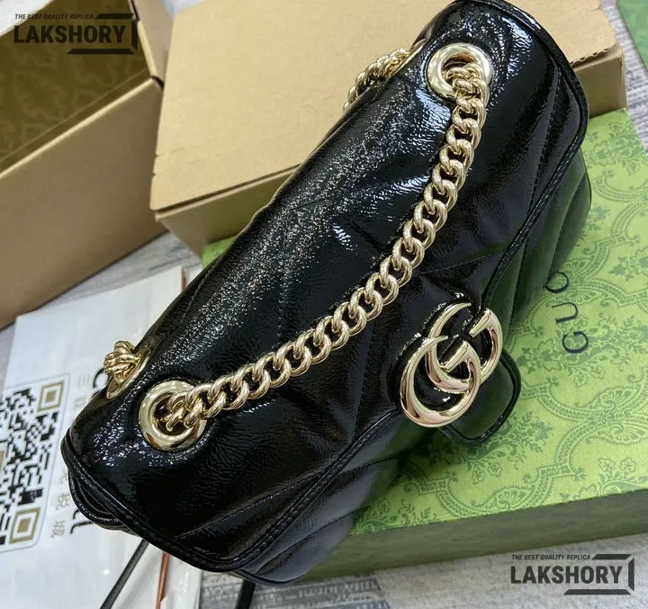 Gucci 1:1 Mirror Replica Patent Matelasse GG Marmont Black 26CM/10.2IN Gucci Replica Marmont Bags Gucci 1:1 Mirror Replica Patent Matelasse GG Marmont Black 26CM/10.2IN Gucci Replica Marmont Bags