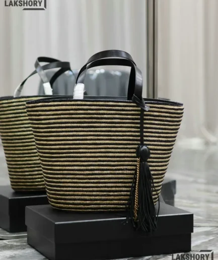 YSL 1:1 Mirror Replica Panier Striped Tote Bag Black Beige 30CM/11.8IN Replica Tote Bags