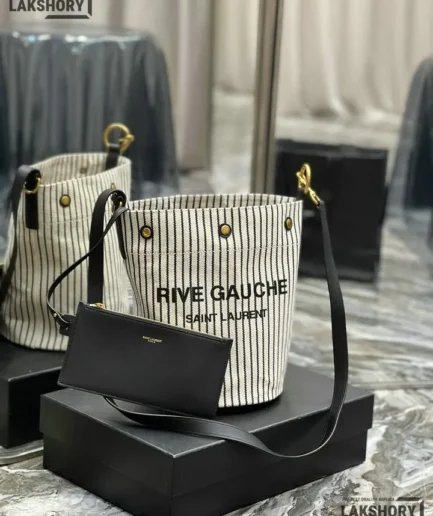 YSL 1:1 Mirror Replica Linen Striped Rive Gauche Bag Cream 20CM/7.9IN Replica Tote Bags