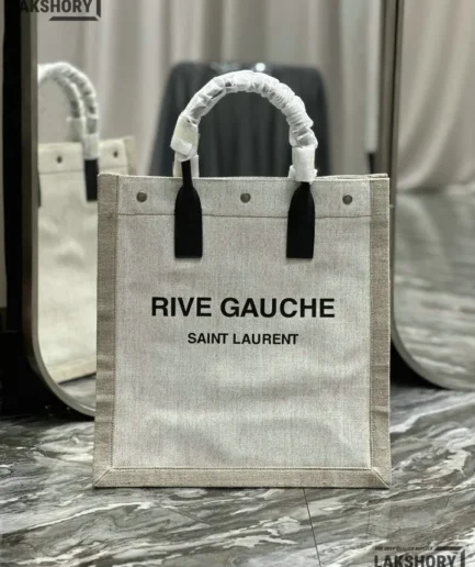 YSL 1:1 Mirror Replica Leather Rive Gauche Tote Beige Black 38CM/15.0IN Replica Tote Bags