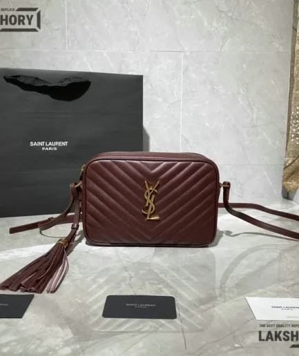 YSL 1:1 Mirror Replica Chevron Leather Lou Camera Bag Burgundy 23CM/9.1IN Replica Crossbody Bags
