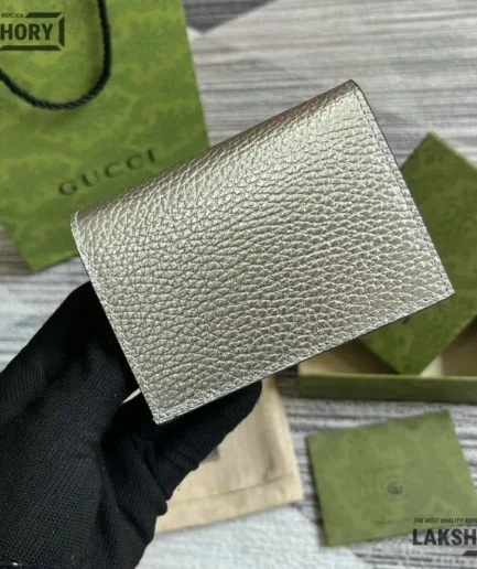 Gucci 1:1 Mirror Replica Metallic GG Marmont Card Case Wallet Silver 11CM/4.3IN Gucci Replica Wallets