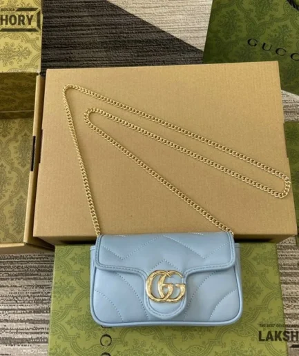 Gucci 1:1 Mirror Replica Super Mini GG Marmont Porcelain Light Blue 16.5CM/6.5IN Gucci Replica Marmont Bags