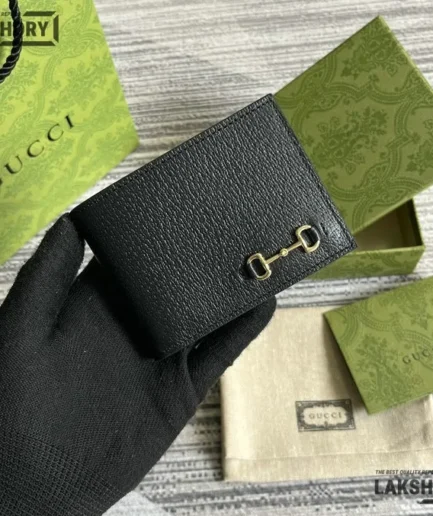 Gucci 1:1 Mirror Replica Calfskin Horsebit 1955 Bi-Fold Wallet Black 2 7CM/2.8IN Gucci Replica Wallets