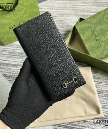 Gucci 1:1 Mirror Replica Calfskin Horsebit Card Holder Black 10CM/3.9IN Gucci Replica Wallets