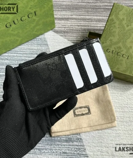Gucci 1:1 Mirror Replica Card Holder Black GG Crystal Fabric 7.5CM/3IN Gucci Replica Wallets