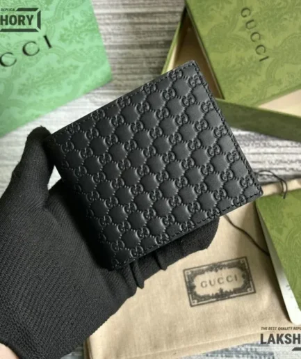 Gucci 1:1 Mirror Replica GG Rubber-Effect Bi-fold Wallet Black 10CM/3.9IN Gucci Replica Wallets