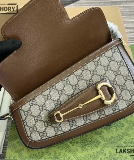 Gucci 1:1 Mirror Replica Monogram Horsebit 1955 Asymmetric Shoulder Bag Brown Gucci Replica Horsebit Bags