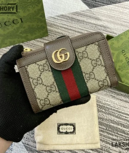 Gucci 1:1 Mirror Replica GG Ophidia Card Case Wallet Beige Ebony 13CM/5.1IN Gucci Replica Wallets