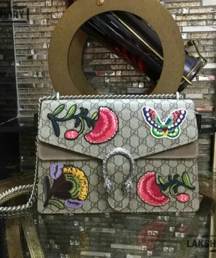 Gucci 1:1 Mirror Replica Beige Embroidered Butterfly Flowers Medium Dionysus 30CM/11.8IN Gucci Replica Dionysus Bags