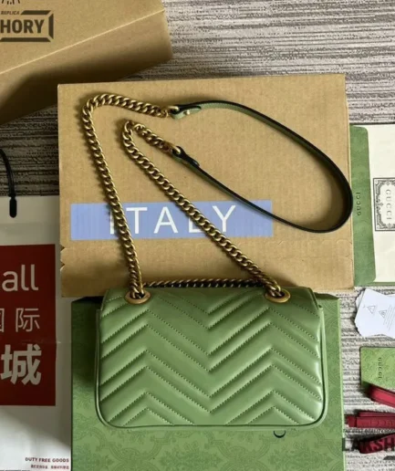 Gucci 1:1 Mirror Replica Calfskin Matelasse Mini GG Marmont Green 22CM/8.7IN Gucci Replica Marmont Bags