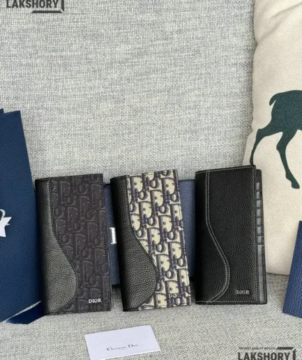 Dior 1:1 Mirror Replica Saddle Long Vertical Wallet Grained Calfskin Marquetry 18.8CM/7.4IN Christian Dior Replica Wallets