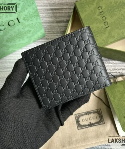 Gucci 1:1 Mirror Replica GG Rubber-Effect Bi-fold Wallet Black 10CM/3.9IN Gucci Replica Wallets