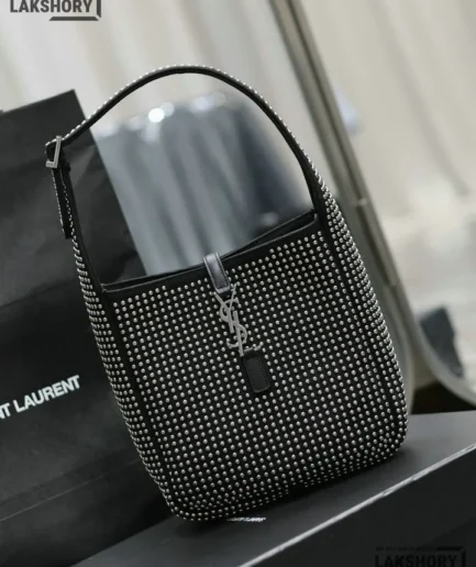 YSL 1:1 Mirror Replica Le 5 À 7 Studded Embellished Bag Black 23CM/9.1IN Replica Hobo Bags