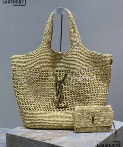 YSL 1:1 Mirror Replica Maxi Icare Raffia Shopping Tote Natural 61CM/24.0IN Replica Tote Bags