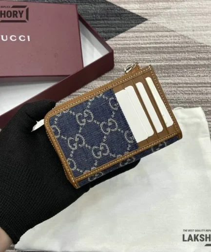 Gucci 1:1 Mirror Replica GG Emblem Zip Card Case Blue & Ivory 13CM/5.1IN Gucci Replica Wallets