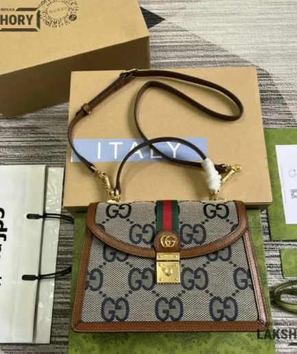 Gucci 1:1 Mirror Replica Jumbo GG Small Ophidia Top Handle Brown 25CM/9.8IN Gucci Replica Ophidia Bags