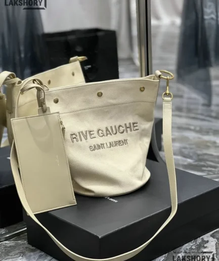 YSL 1:1 Mirror Replica Calfskin Linen Rive Gauche Bucket Bag Beige 20CM/7.9IN Replica Tote Bags