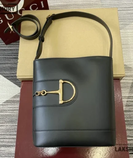 Gucci 1:1 Mirror Replica 73 Medium Bucket Bag Black 27.5CM/10.8IN Gucci Replica Horsebit Bags