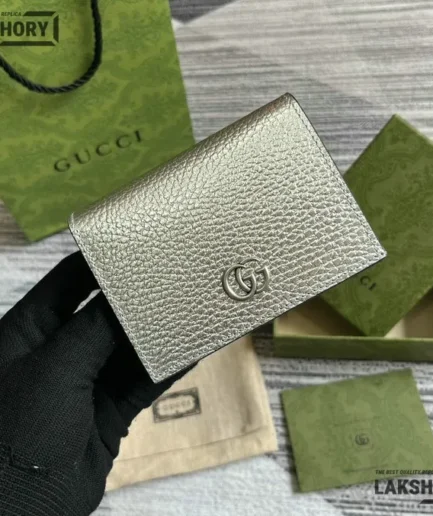Gucci 1:1 Mirror Replica Metallic GG Marmont Card Case Wallet Silver 11CM/4.3IN Gucci Replica Wallets