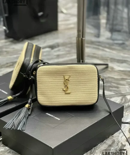 YSL 1:1 Mirror Replica Raffia Canvas Lou Camera Bag Naturel 23CM/9.1IN Replica Crossbody Bags