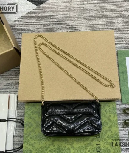 Gucci 1:1 Mirror Replica Black Lambskin Super Mini GG Marmont 16.5CM/6.5IN Gucci Replica Marmont Bags
