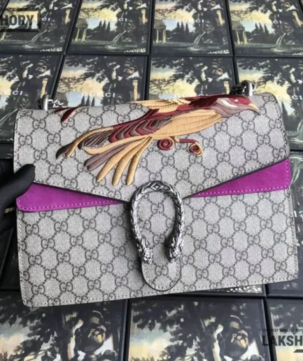 Gucci 1:1 Mirror Replica GG Supreme Bird Medium Dionysus Purple 30CM/11.8IN Gucci Replica Dionysus Bags