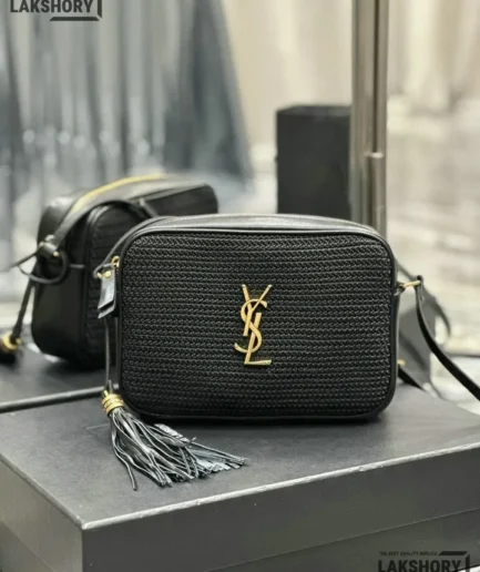 YSL 1:1 Mirror Replica Raffia Canvas Lou Camera Bag Black 23CM/9.1IN Replica Crossbody Bags