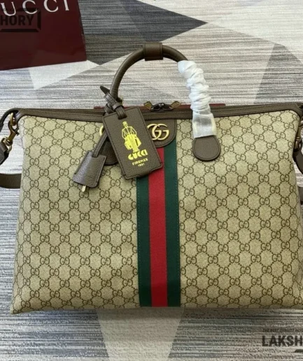 Gucci 1:1 Mirror Replica Savoy Medium Duffle Bag Beige & Dark Brown 48CM/18.9IN Gucci Replica Ophidia Bags