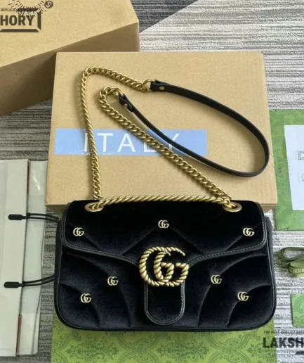 Gucci 1:1 Mirror Replica Velvet Studs Small Torchon GG Marmont Black 26CM/10.2IN Gucci Replica Marmont Bags