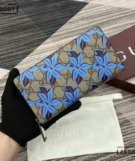 Gucci 1:1 Mirror Replica Printed Zip Around Wallet Beige Dark Brown 19CM/7.5IN Gucci Replica Wallets