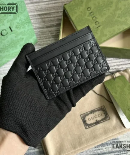 Gucci 1:1 Mirror Replica Leather GG Web Print Cardholder Black 7CM/2.8IN Gucci Replica Wallets