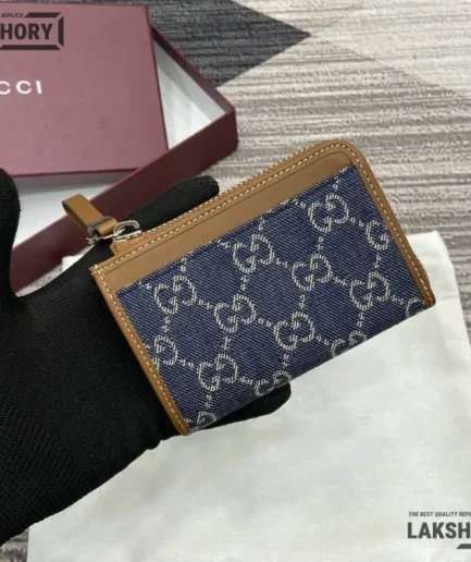 Gucci 1:1 Mirror Replica GG Emblem Zip Card Case Blue & Ivory 13CM/5.1IN Gucci Replica Wallets